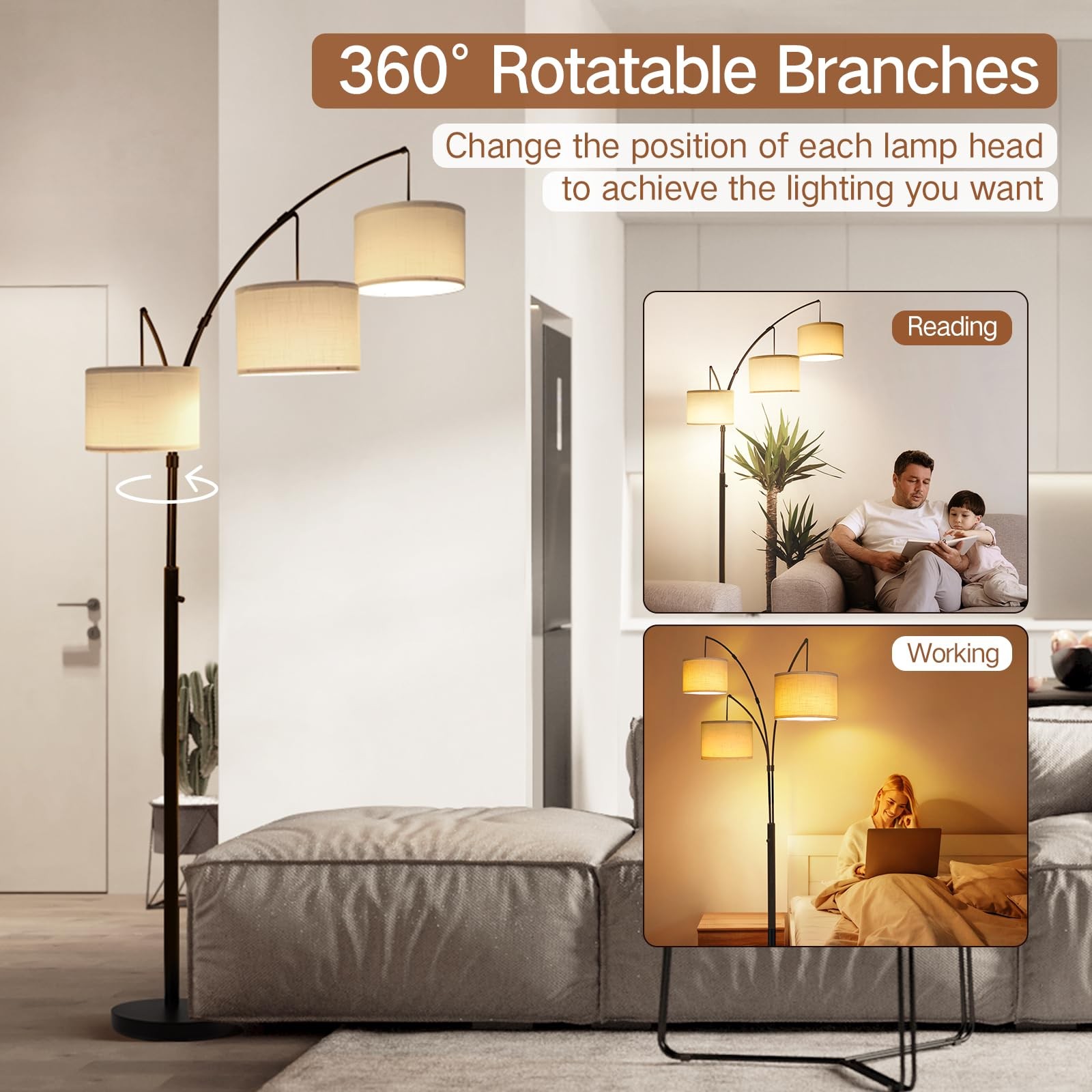 Arc Led Floor Lamp, Modern Black 3 Light Tall Floor Lamp for Bedroom, 2400lm ...