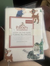 2 New Pottery Barn Kids Rudolph the Red Nosed Reindeer Pillowcase Flannel Stand.