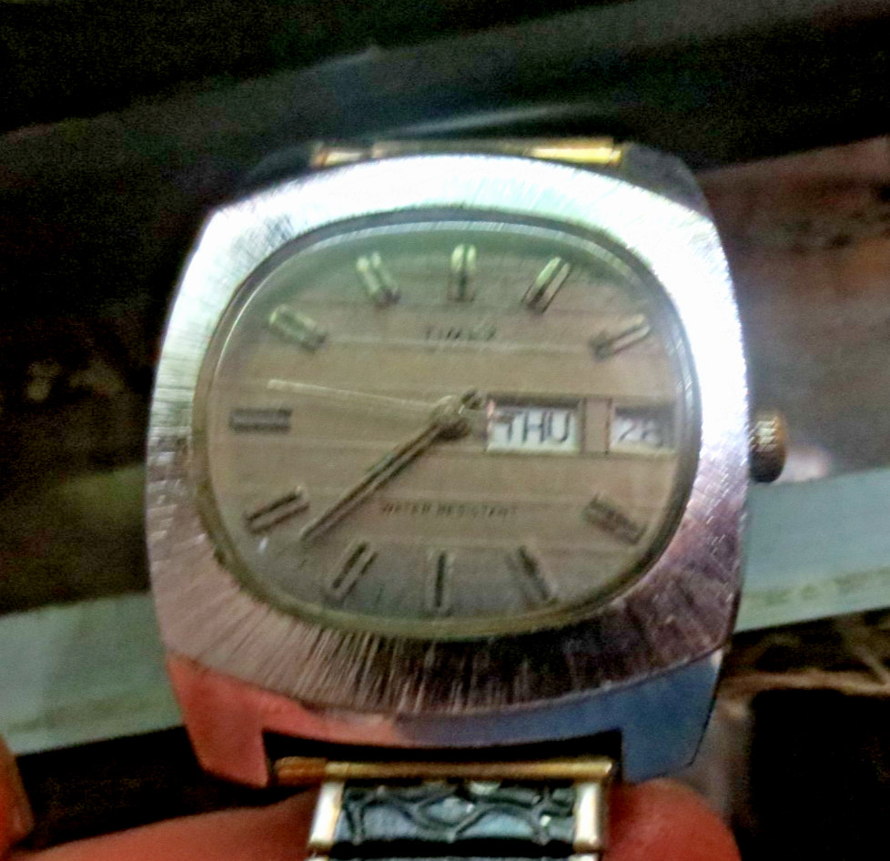 Vintage Timex Marlin Watch Men 34mm Striped Dial Day Date 1970's Manual Wind