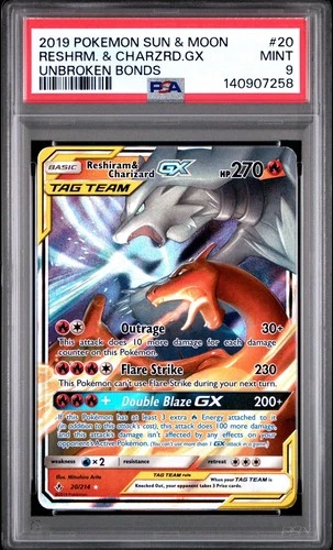 PSA 9 RESHIRAM & CHARIZARD GX #20 2019 POKEMON SUN & MOON UNBROKEN BONDS