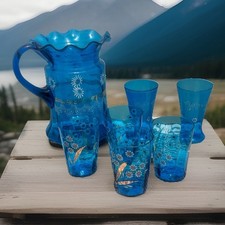 19th Century Art Glass Iced Blue Hand Painted...