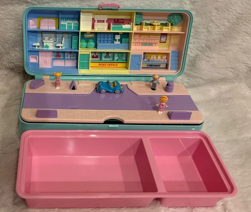 Vintage 1989 Polly Pocket High Street Money Box W/ 3dolls+Car& Tray