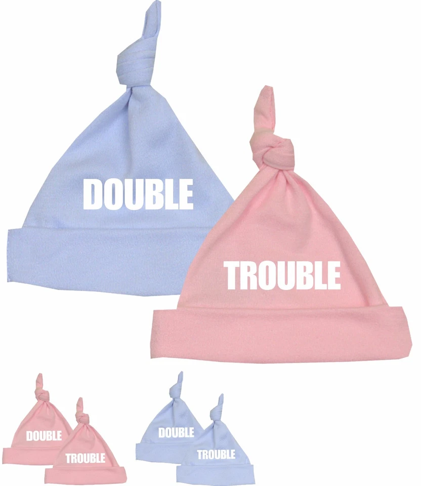 BabyPrem DOUBLE TROUBLE Funny Baby Hats Novelty Gifts Twins Baby Shower Ideas