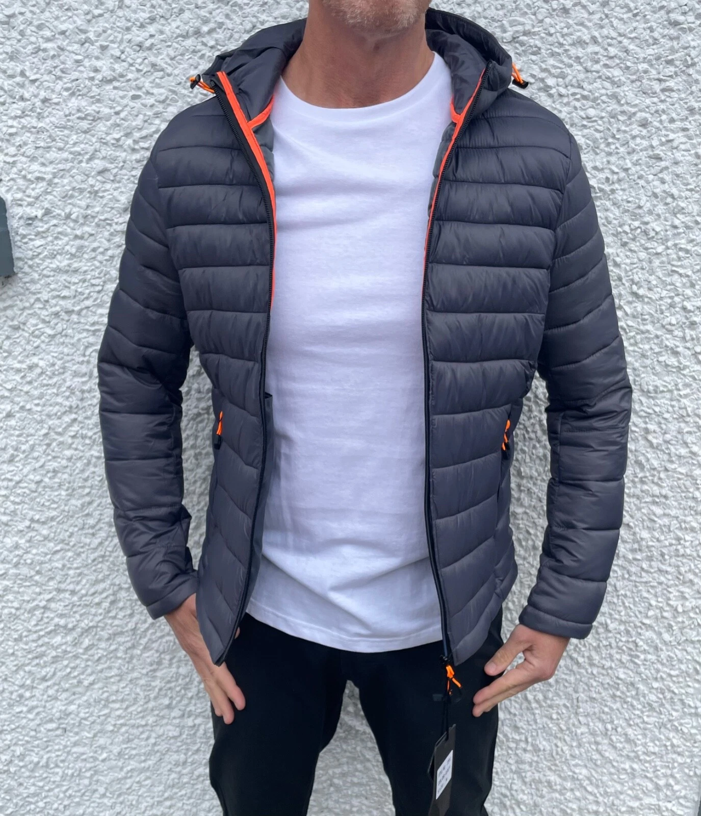 grey and orange raincoat mens small