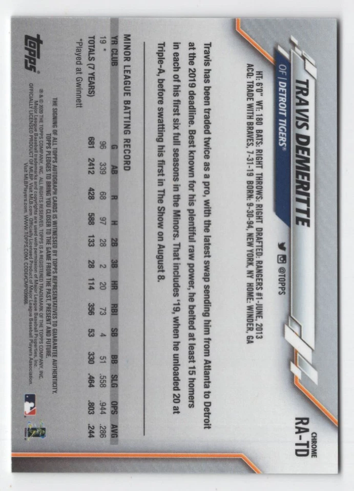 2020 Topps Chrome Rookie Autographs Travis Demeritte Auto Detroit Tigers #RA-TD - Image 2 of 2