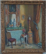 "DÉCORATION INTÉRIEURE DE SALON" Peinture s/bois encadrée non-signée début 1900