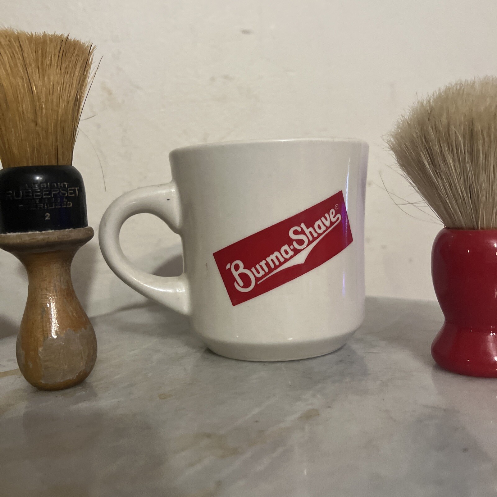 Lot of 5-4 Vtg Shaving Brushes-1 BURMA SHAVE MUG, Rubberset #2, Blue Dubl Duck