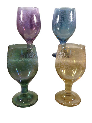 Set of 4 Wine Glasses Goblets Blue, Green, Purple, Yellow Flourish Vine