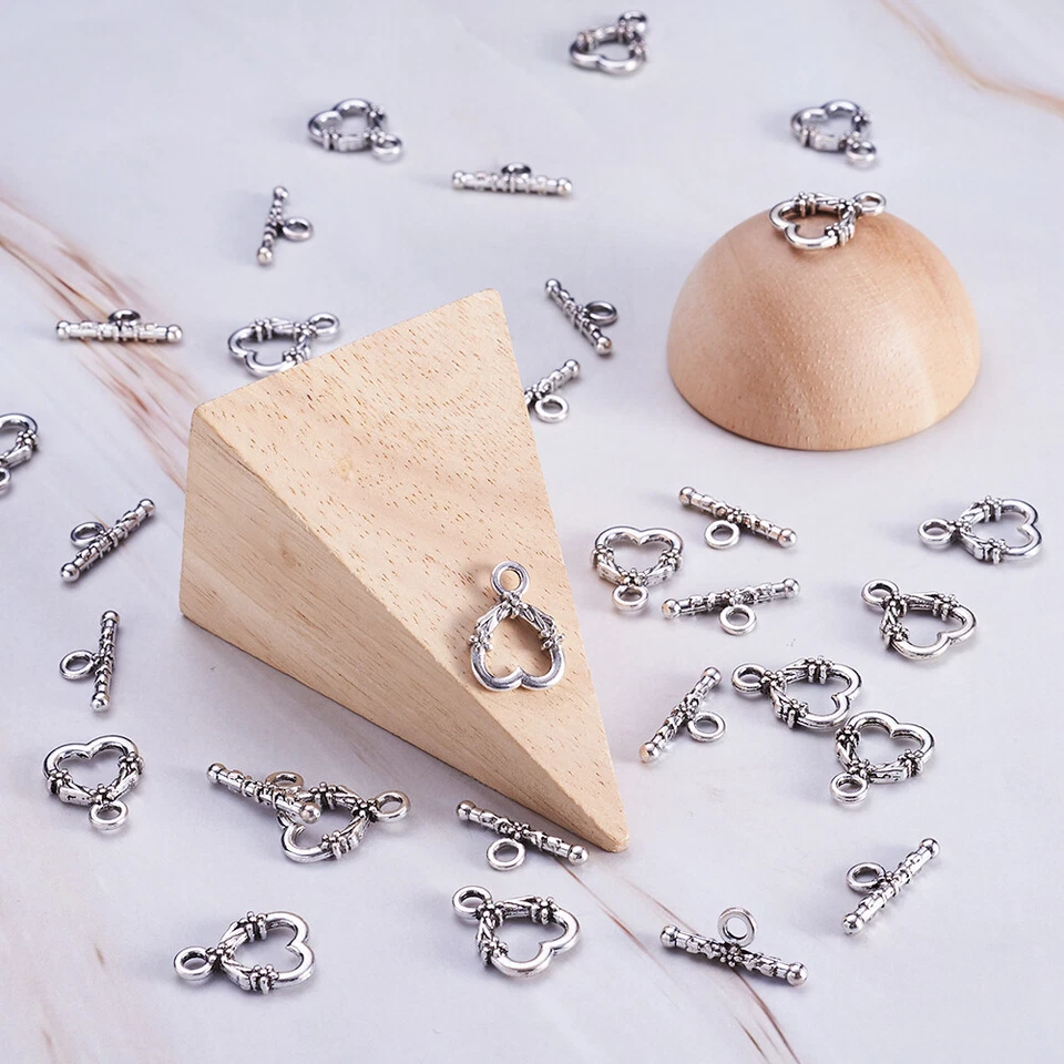 20 Sets Nickel Free Antique Silver Tibetan Style Heart with Flower Toggle Clasps - Image 2 of 4