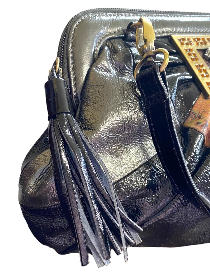 Original by Sharif 1827 Cuero Bolso de Mano Cartera Dorado Leopardo Estrás Negro Foto 4 de 4