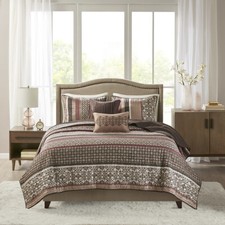 BEAUTIFUL COZY CHIC LODGE LOG CABIN RED BURGUNDY BROWN GREY GEOMETRIC QUILT SET