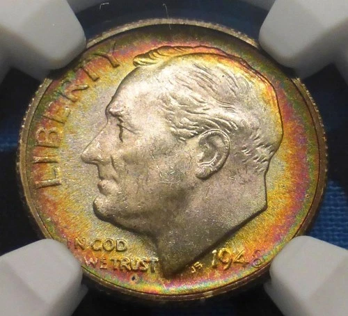 1948 S NGC MS65 FT Dime Roosevelt 2-Sided RAINBOW COLOR TONE PINKs BLUEs  Ambers