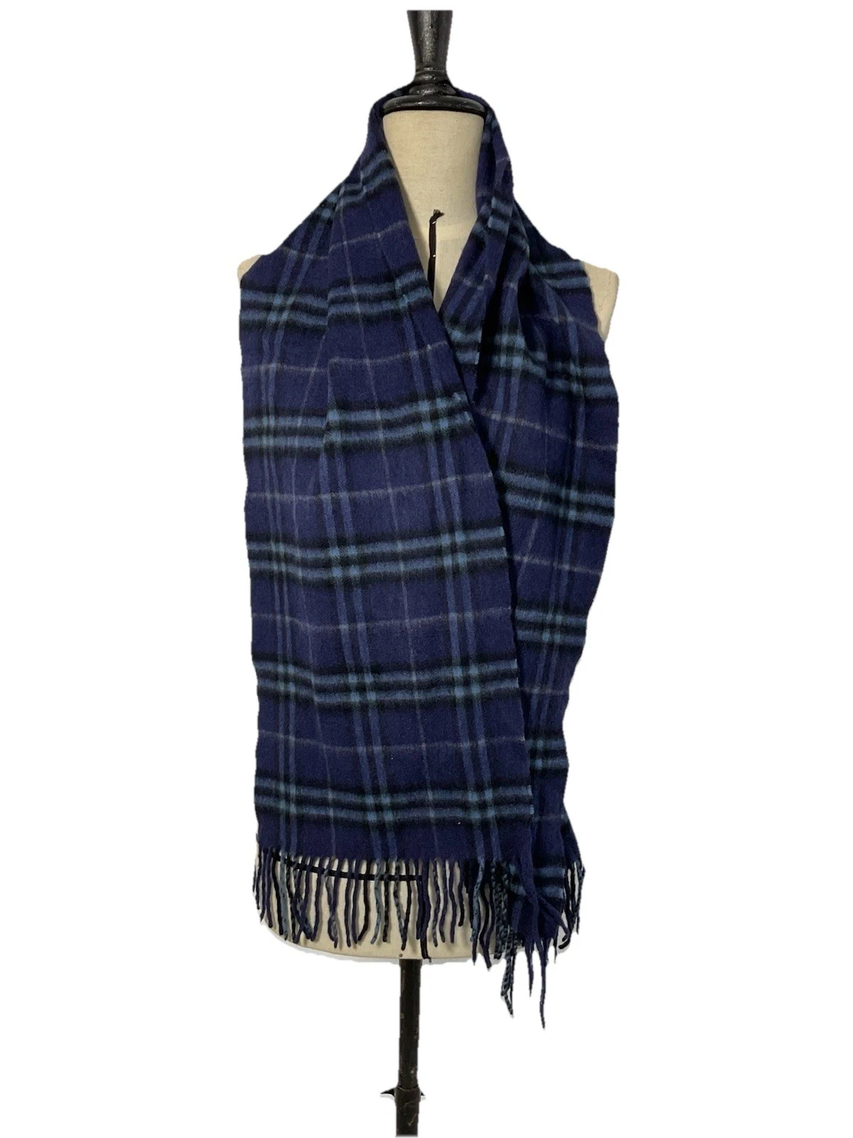 LUXURIOUS Men’s Blue Cashmere Scarf W A Plaid Pattern 74”/12” EX.CON