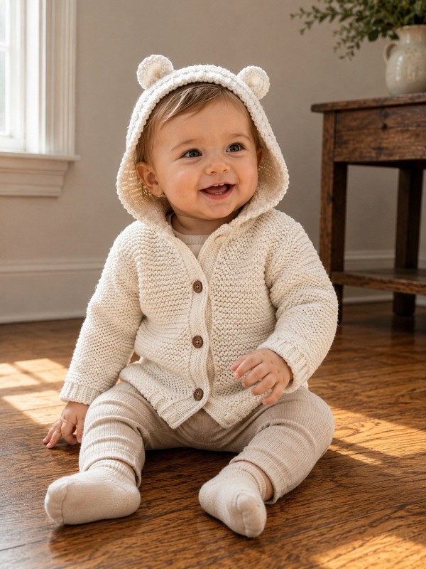 Carters Baby Knit Hooded Cardigan Sweater Bear Ears Ivory 9M Unisex