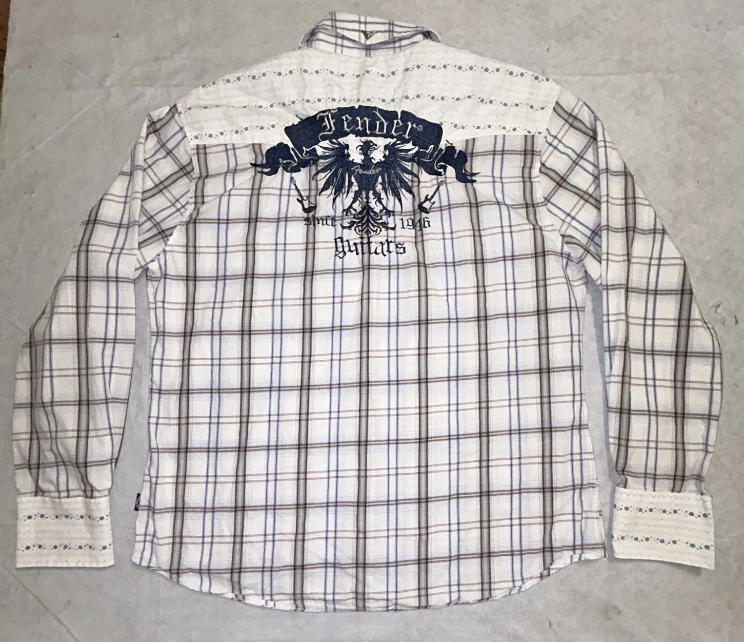 Fender Guitar Rock & Roll Religion Long Sleeve Button Up Shirt XL Plaid Floral