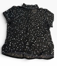 PAPELL BOUTIQUE Evening Short Sleeve Beaded Blouse Size LARGE Black Silk Sheer