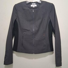 Calvin Klein Womens Grey Black Colorblock Zip Front Collarless Blazer Jacket 6