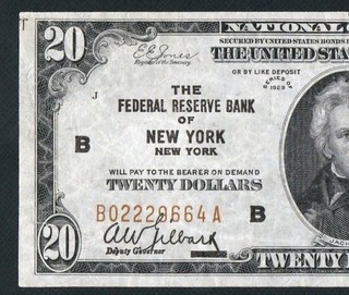 BEAUTIFUL RARE 1929 NEW YORK $20 NATIONAL CURRENCY NOTE! NO PINHOLES OR TEARS
