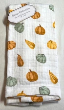 GAUZE COLLECTION KITCHEN TOWELS (2) PUMPKINS ORANGE BLUE 100% COTTON GAUZE NWT