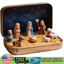 Mini Christmas Nativity Set in Tin Box, Portable Pocket Nativity Scene Decor