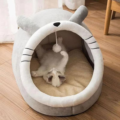 Cat Bed Cave Round Plush Fluffy Hooded Cat Bed Donut Self Warming Pet Dog Bed