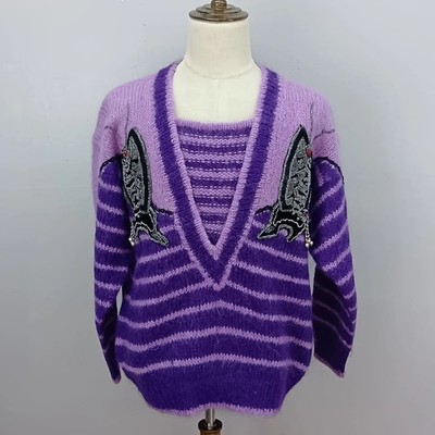 Vintage Kansai Yamamoto Kansai O2 Purple V-Neck Knit Sweater