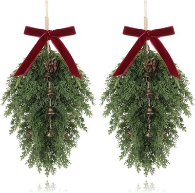 2 Pack Real Touch Artificial Pine Winter Teardrop Swag Garland w Bells & Bow