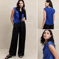 NWT Banana Republic Factory Cowl Neck Top L Lazuli Blue Blouse Cap Sleeve