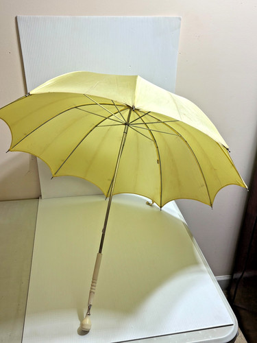 Vintage Retro Yellow 32" Long Parasol Umbrella White Handle
