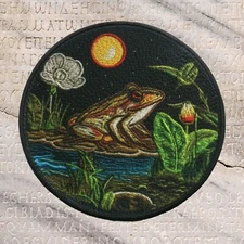 Frog Patch Embroidered Iron-on Applique Animal Badge Pond Lily Pad Boho Retro