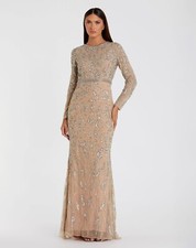 NWT Mac Duggal Beaded Long Sleeve Evening Gown Maxi Dress Lined Mocha Size 16