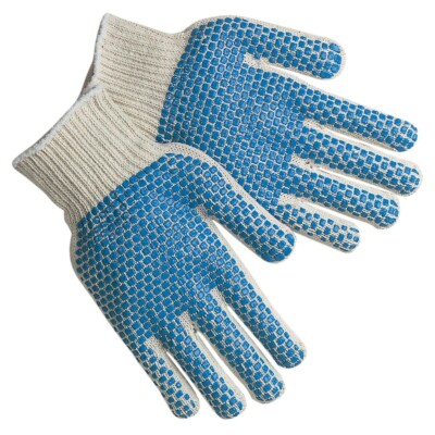 PVC Blocks Two Sided String Knit Gloves, Natural White/Blue, 20 Dozen