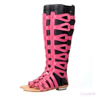 Gladiators Womens Flat Heels Shoes Open Toe Roman Sandals Hollow Knee High Chic