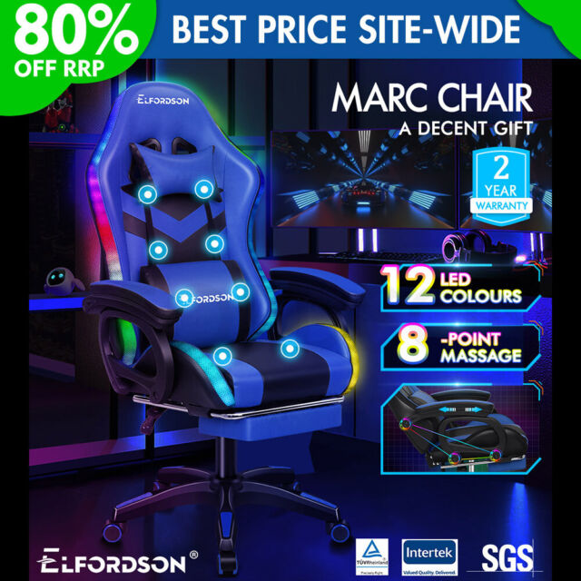 ELFORDSON Gaming Office Chair 12 RGB LED Massage Computer Seat Footrest Blue