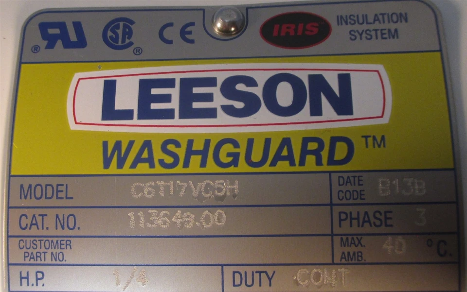 Leeson 113649.00 Washguard Motor C6T17VC5H 1/4 HP 3 Ph 1725 RPM 208/230/460 V - Image 2 of 4
