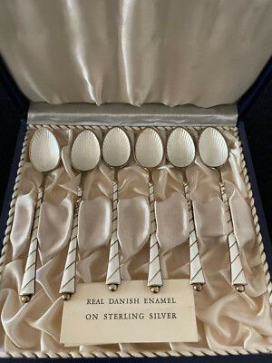 Ela Denmark White Enamel Gold Washed Sterling Six Demitasse Spoons