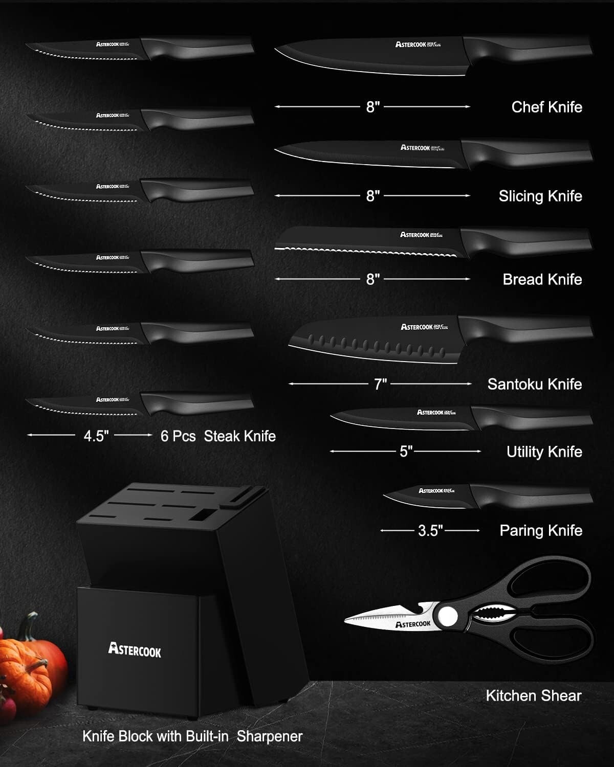 Essential Black Kitchen Knife Set - 15 Pieces with Ergonomic Handles & Sharpener