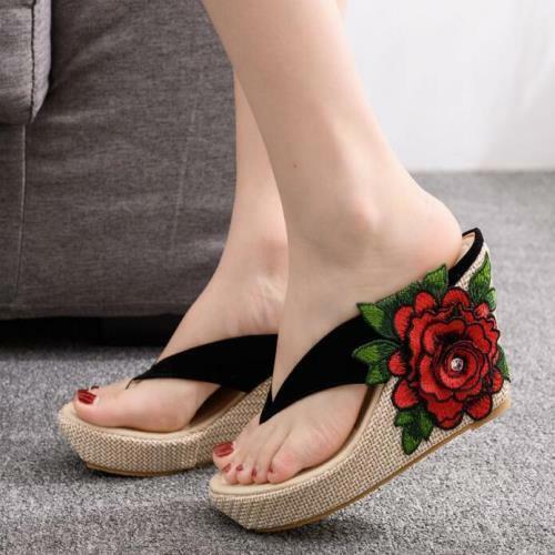 PANTOFOLA D’ORO Sandali estivi donna fiori boho zeppa tacchi alti perizoma pantofole spiaggia plateau