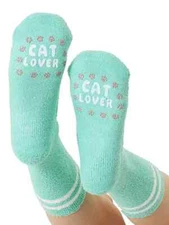 Fuzzy Crew Socks Unisex M/L Teal Bottom Grip Phrase - Cat Lover Living Royal New