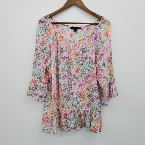Blusa Zac & Rachel Floral Manga Campana Volantes Dobladillo Boho Campesino Top Mujer Talla L - Imagen 3 de 14