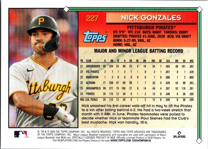 2024 Topps Archives #227 Nick Gonzales Black Foilboard Pittsburgh Pirates - Image 2 of 2