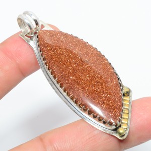Authentic Golden Sunstone 925 Silver Two Tone Gold Plated Pendant 1.83" W2419