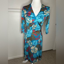 Flora Kung Elegant Blue V-Neck 100 silk Wrap Dress size 6