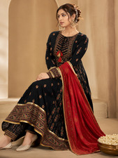 Indian Rayon Flare Kurta with Pant and Dupatta, Gold Printed Party Wear Dress