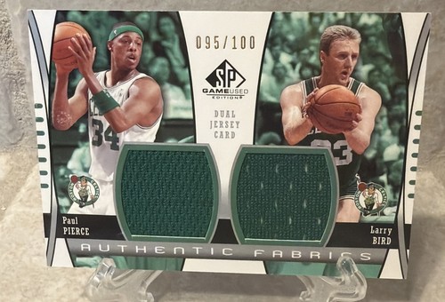 PAUL PIERCE LARRY BIRD 2004-05 SP GAME USED AUTHENTIC FABRICS DUAL PATCH 95/100