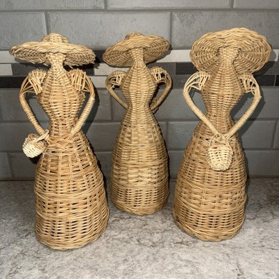Set Of 3 Vintage Straw Wicker Lady Statue With Flower Basket Sun Hat Cottagecore