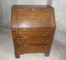 Antique / Vintage Oak / Mahogany Bureau Writing Desk Brass Fittings with Key