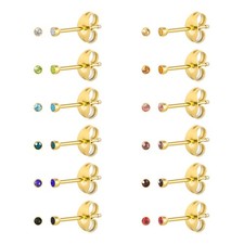 12 Pairs Surgical Stainless Steel Cubic Zirconia Birthstone Stud Earrings Hea...