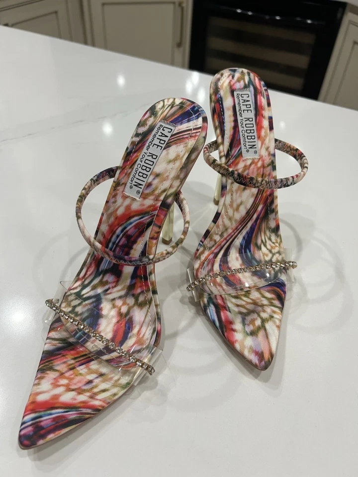 CAPE ROBBIN ROCHELA MULTICOLOR SLIDE IN STILETTO SEXY SANDALS 8 GOLD HEELS - Image 4 of 4