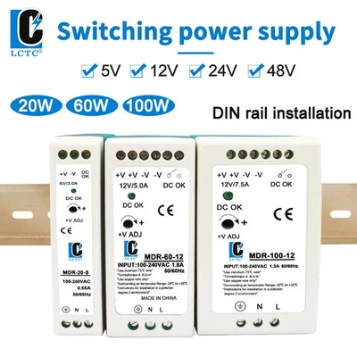 BRANDED 48V/24V/12V/5V DIN Rail Power Supply Switch MDR 20W-100W DC Single Output UK